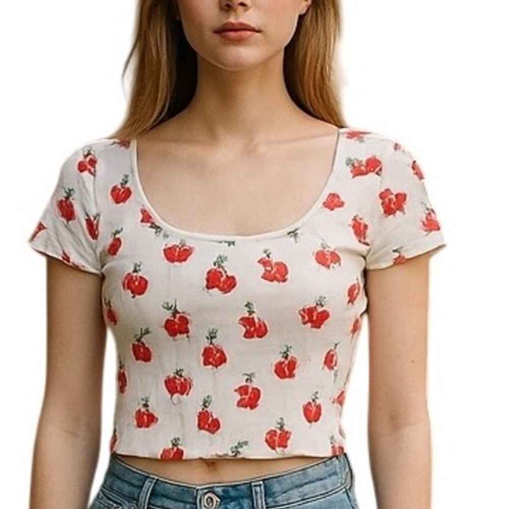 Forever 21 Cherry Print Crop Top Ribbed Knit Short Sleeve Scoop Neck Size M